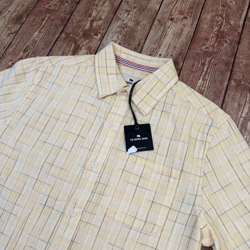 The Normal Brand Plaid Button Down Shirt Mens Small Yellow Cotton Short Sleeve